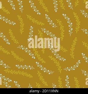 Vector seamless pattern with hand drawn floral elements. In yellow, light blue and brown colors. Stock Vector