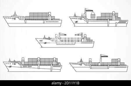 Vector set of dry cargo ships, container ships. Black contours. Please see other sets of ships. Stock Vector