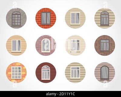 Vector set of round colored icons of windows on different walls. Stock Vector