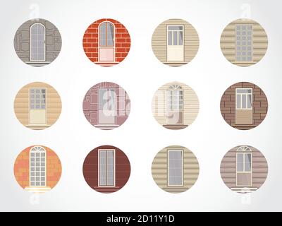 Vector set of round colored icons of doors on different walls. Please see similar icons with windows. Stock Vector