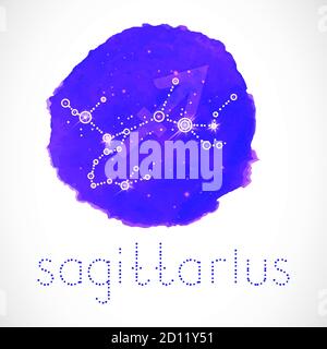 Vector illustration with Zodiac sign and constellation SAGITTARIUS on a grunge ink background. Colorful. Stock Vector
