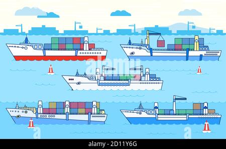 Vector set of container ships on the background with sea port. Color illustration. Please see other sets of ships. Stock Vector