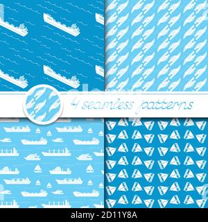 Vector set of four seamless patterns with ships: bulk carrier, dry cargo ship, yacht, sailboat. Stock Vector