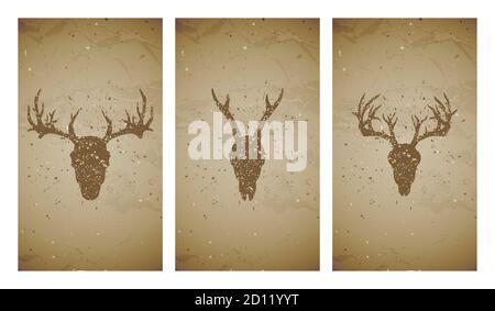 Vector set of three illustrations with grunge silhouettes skulls stag and roe deer on old texture background. Vintage sketch in sepia color. For you d Stock Vector