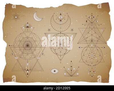 Vector set of Sacred geometric symbols with moon, eye, arrows, dreamcatcher and figures on old paper background with torn edges. Abstract mystic signs Stock Vector