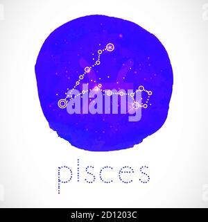 Vector illustration with Zodiac sign and constellation PISCES on a grunge ink background. Colorful. Stock Vector