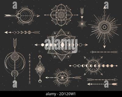 Vector set of Sacred symbols arrows, moon and eye on black grunge background. Gold abstract mystic signs collection drawn in lines. For you design and Stock Vector