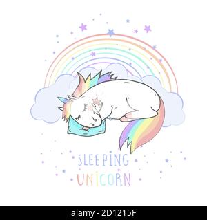 Vector illustration of hand drawn sleeping unicorn with stars and text - SLEEPING UNICORN on withe background. Cartoon style. Colored. Stock Vector