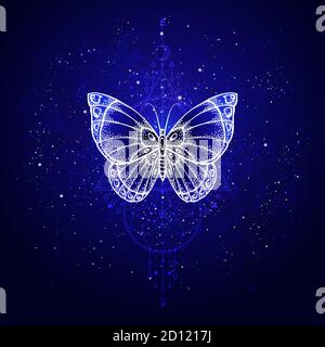 Vector illustration with hand drawn butterfly and Sacred geometric symbol against night starry sky. Abstract mystic sign. Linear shape. For you design Stock Vector