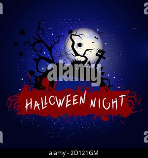 Vector Halloween illustration with cemetery and inscription on starry sky nightly background with full moon. Blue background. Stock Vector
