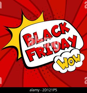 Black Friday sale Comic banner, book background template. Text with explosion pop-art web banner. Speech bubble advertising sales, promotion. Super sale discount. Halftone dot background. Vector Stock Vector