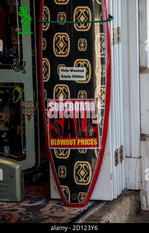 Lahaina, Maui, Hawaii.  Surfboard sale with help wanted sign in local retail shop. Stock Photo