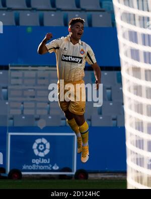 Sabadell. 4th Oct, 2020. Espanyol's Nico Melamed celebrates his goal during a Spanish league match between RCD Espanyol and CE Sabadell in Sabadell, Spain on Oct. 4, 2020. Credit: Joan Gosa/Xinhua/Alamy Live News Stock Photo