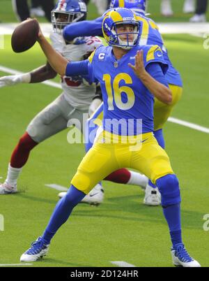 Inglewood, United States. 04th Oct, 2020. Los Angeles Rams quarterback Jared Goff throws a pass against the New York Giants in the second half at SoFi Stadium in Inglewood, California on Sunday, October 4, 2020. The Rams won 17 to 9. Photo by Lori Shepler/UPI Credit: UPI/Alamy Live News Stock Photo