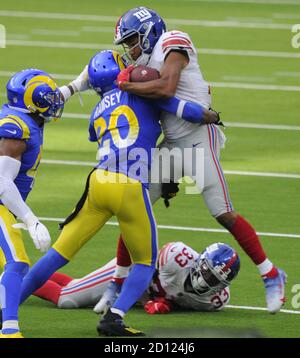 Inglewood, United States. 04th Oct, 2020. Los Angeles Rams' Jalen Ramsey stops New York Giants Golden Tate in the second half at SoFi Stadium in Inglewood, California on Sunday, October 4, 2020. The Rams won 17 to 9. Photo by Lori Shepler/UPI Credit: UPI/Alamy Live News Stock Photo