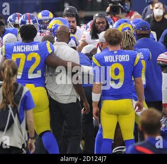 Inglewood, United States. 04th Oct, 2020. Los Angeles Rams and the New York Giants fight at the end of the game at SoFi Stadium in Inglewood, California on Sunday, October 4, 2020. The Rams won 17 to 9. Photo by Lori Shepler/UPI Credit: UPI/Alamy Live News Stock Photo