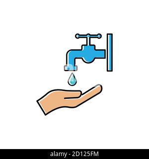 Wash hand flat icon, hand icon, water tap and water drop. Vector template design Stock Vector