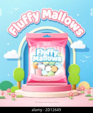 Fluffy marshmallows promo ad in 3d illustration, package of marshmallows over a podium with tree design elements against blue sky Stock Vector