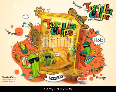 Tortilla corn chip bag in 3d illustration, ad design with cute cartoon cactus and chili illustrations on the background Stock Vector