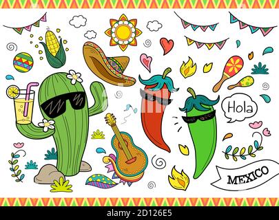 Set of cute cartoon illustration, concept of Mexico culture, isolated on white background Stock Vector