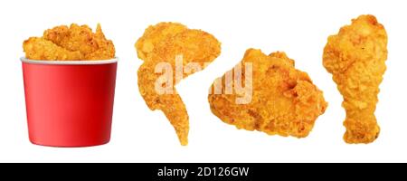 Crispy fried chicken pieces isolated on white background, 3d illustration Stock Vector