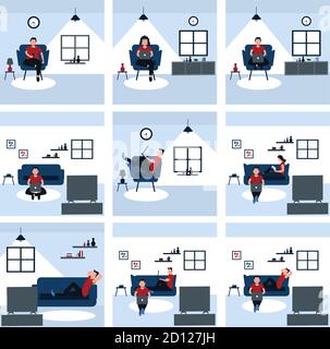 at the living room, a man and woman casually work, watching television and read the book - colorful flat cartoons illustrations set Stock Vector