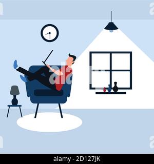 a man enjoying sit on his favorite sofa with his laptop- colorful flat cartoons illustrations Stock Vector