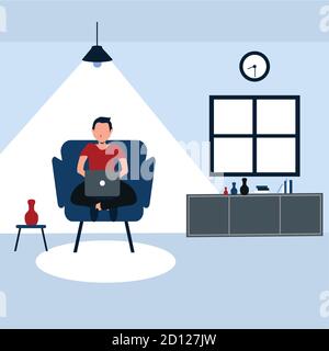 working from home, a man casually sit on his favorite sofa - colorful flat cartoons illustrations Stock Vector