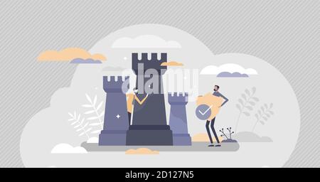 Cyber defense symbolic guard shield and data protection tiny person concept. Abstract chess figures figuratively scene as online security system and p Stock Vector
