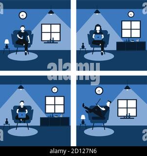 a man and woman casually work from home on the favorite sofa - two tone flat cartoons illustrations set Stock Vector