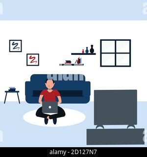 learning and watching a television, a young man casually sit on carpet in his favorite living room - colorful flat cartoons illustrations Stock Vector