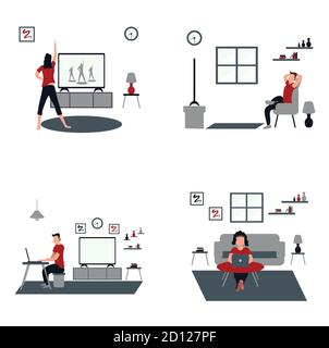 women doing aerobics at home, man and woman casually work from home, a man casually watching television at home - flat illustrations isolated on white Stock Vector