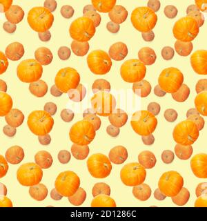 Seamless pattern with pumpkin. Autumn abstract seamless pattern made from Pumpkins on the yellow background. Pumpkin quality pattern. Stock Photo