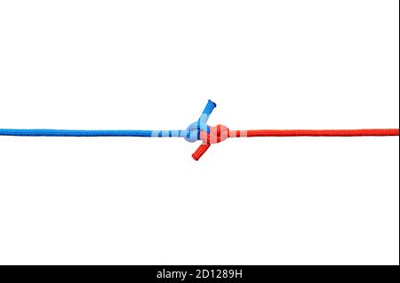 Two red and blue cords are connected . Knot on a cord isolated on a white background . Stock Photo