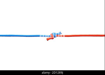 Two red and blue cords are connected . Knot on a cord isolated on a white background . Stock Photo