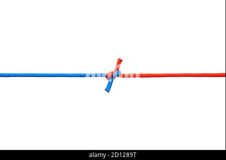 Two red and blue cords are connected . Knot on a cord isolated on a white background . Stock Photo
