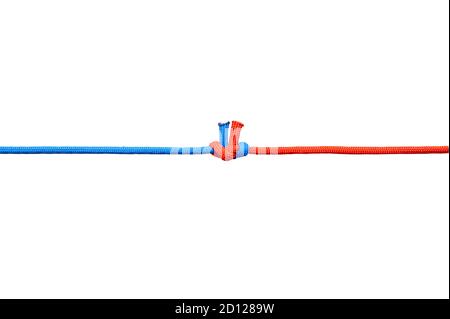 Two red and blue cords are connected . Knot on a cord isolated on a white background . Stock Photo