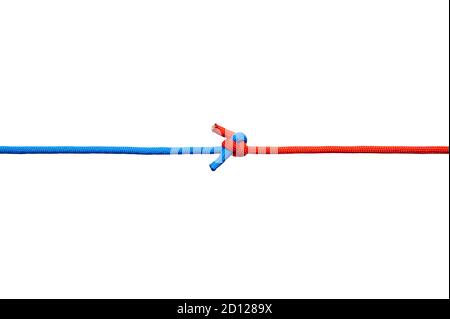 Two red and blue cords are connected . Knot on a cord isolated on a white background . Stock Photo