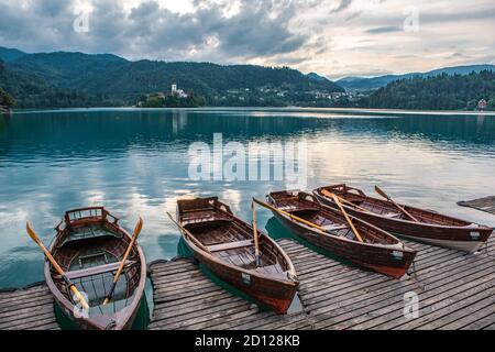 The sunset view in Lake Bled, in Slovenia. Stock Photo