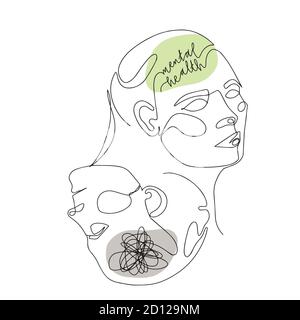 Mental Health For Women. One Line Drawing of Two Human Mirrored Heads With Quote In Brain. Vector Illustration For Therapist And Psychologist Stock Vector