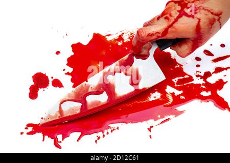 Knife bloody in lady's hand on white background, Social violence Halloween concept Stock Photo