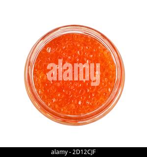 Red trout caviar in a glass jar isolated on white background with clipping pass. Top view Stock Photo