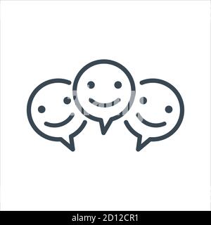 Three Smile faces inside chat bubble sign icon. Happy smiley chat symbol. Stock vector illustration isolated on white background. Stock Vector