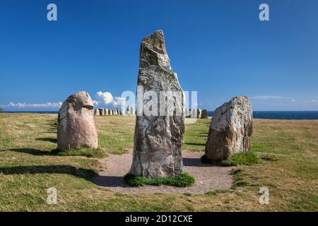 geography / travel, Sweden, Scania, Loederup, stone setting Ales Stenar in Kaseberga, South Sweden, Additional-Rights-Clearance-Info-Not-Available Stock Photo