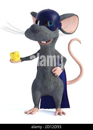 3D rendering of a cute smiling cartoon mouse dressed as a super hero with a blue face mask and cape, holding a piece of cheese in his hand. White back Stock Photo