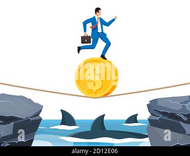 Businessman walking a tightrope over shark in water. Business man in suit walking on rope and coin. Obstacle on road, financial crisis. Risk management challenge. Flat vector illustration Stock Vector