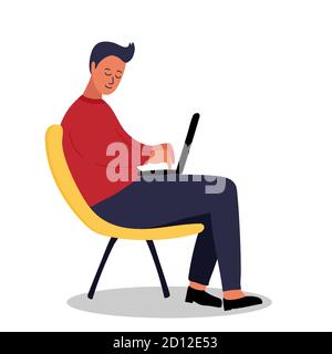 Man sits and works with laptop. Concept of online courses, e-learning, taking lesson, remote work. Blogging. Cartoon vector illustration. Stock Vector