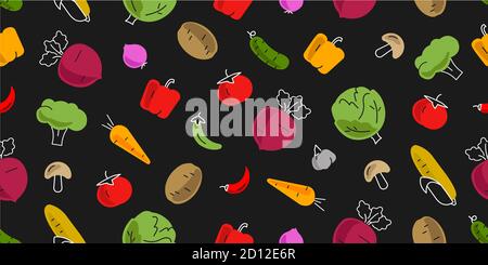 seamless pattern with vegetables icons simple bright and colourful illustrations, hand drawn effect, dark backdrop Stock Photo