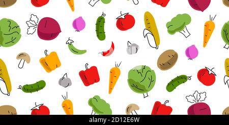seamless pattern of bright illustrations of different autumn vegatables, line and coloured graphic, isolated on white backdrop Stock Photo