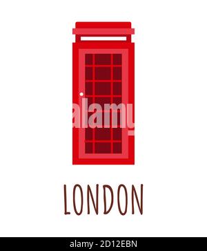 England, London red phone booth vector illustration with lettering London. Image of phone box. Isolated on white background. British traditional Stock Vector
